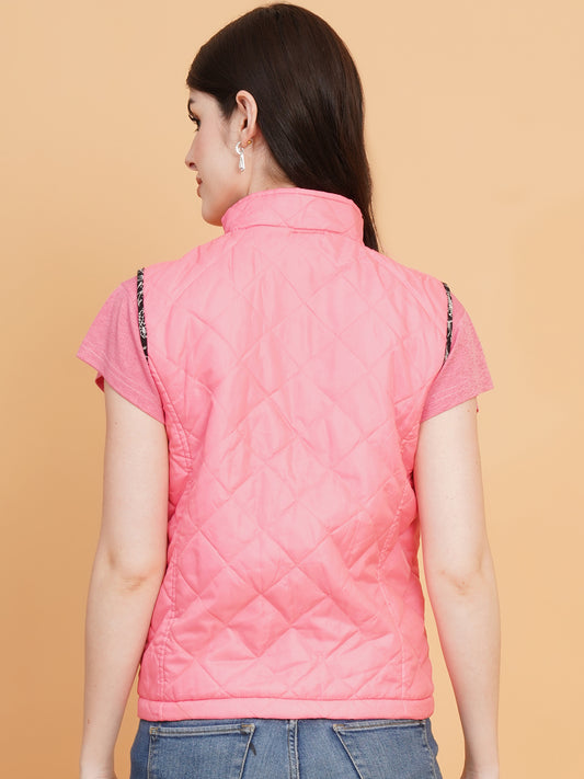 Women Pink Solid Quilted Jacket