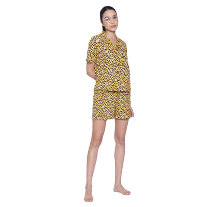 Women's Black & Yellow Printed Polyester Shorts & Shirt Nightsuit Set