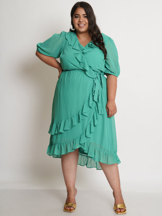 Green Solid Ruffle Self Design Midi Plus Size Dress