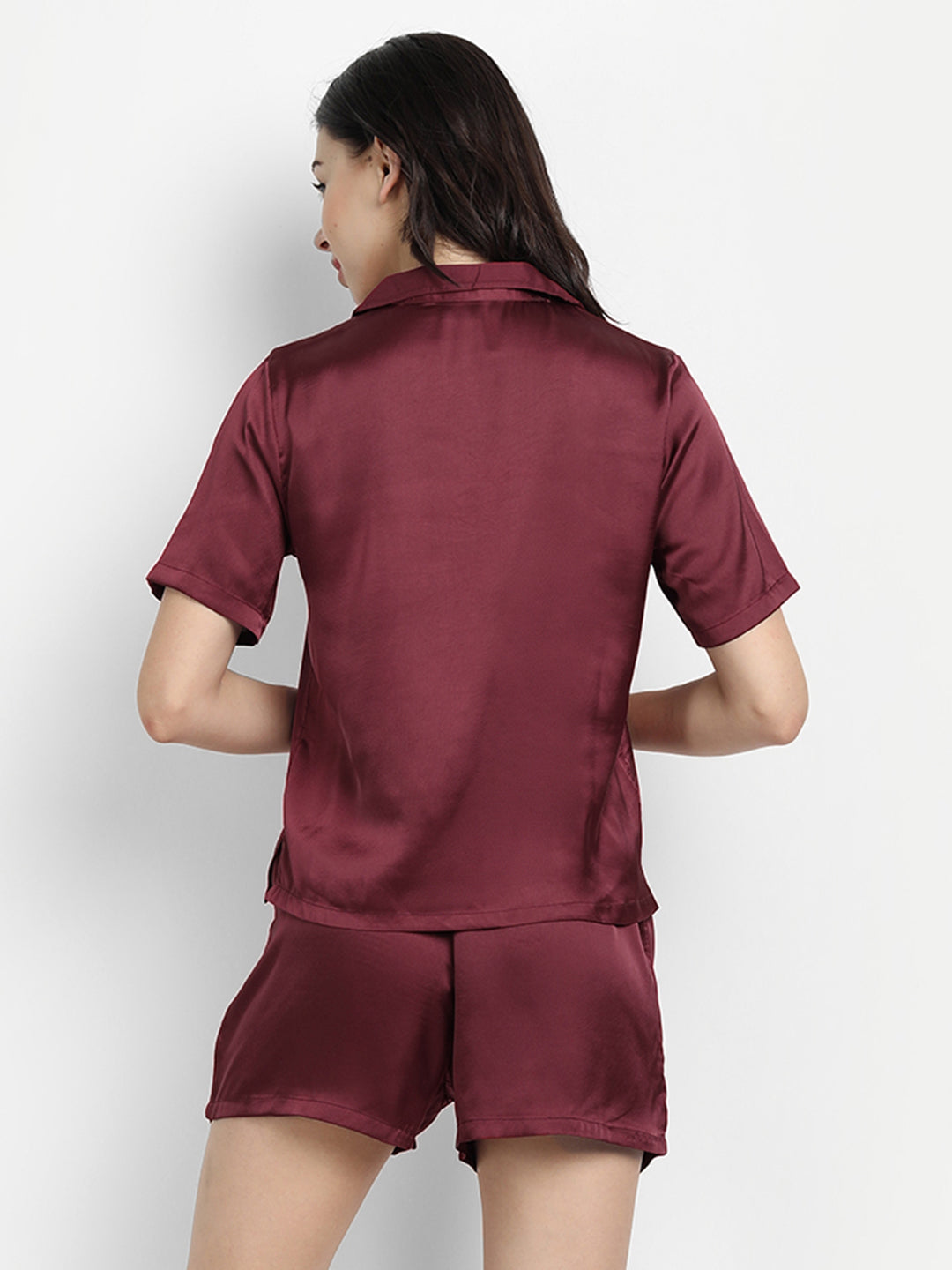 Women Maroon Solid Satin Pyjama & Shirt Nightsuit Set