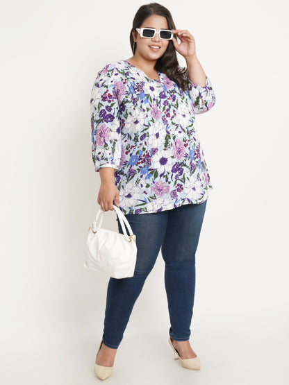 Women Floral Print Mandarin Collar Plus Size Top - Details Side