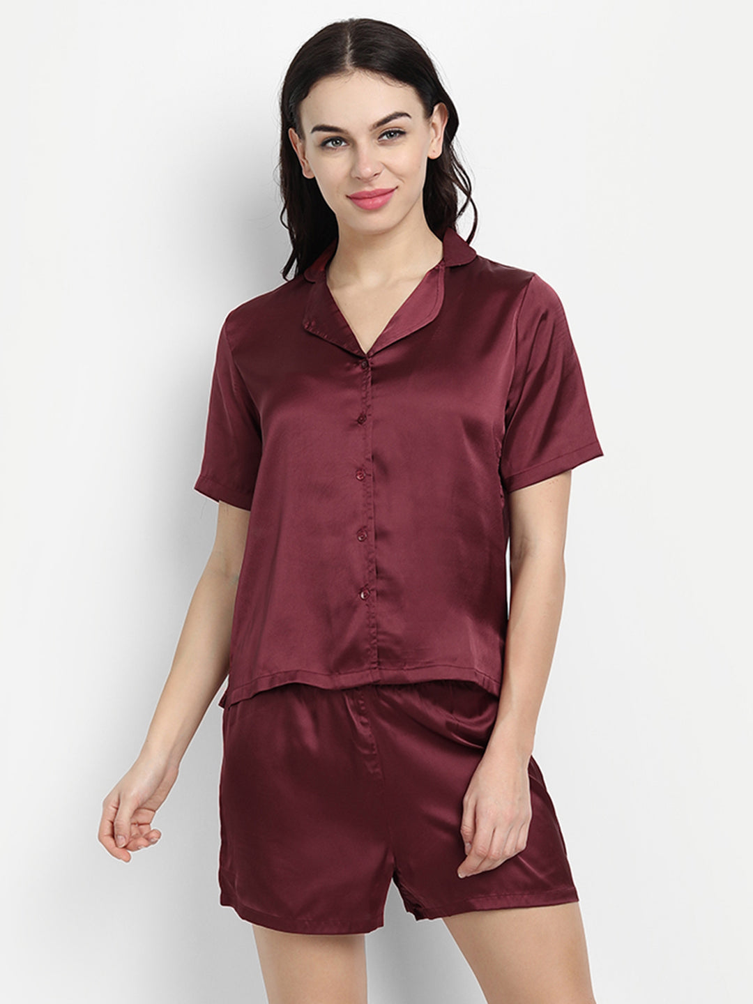 Women Maroon Solid Satin Pyjama & Shirt Nightsuit Set