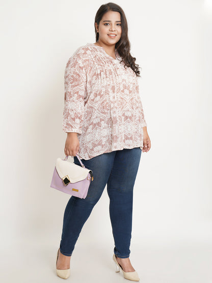 Women Brown & White Abstract Printed Mandarin Collar Plus Size Top