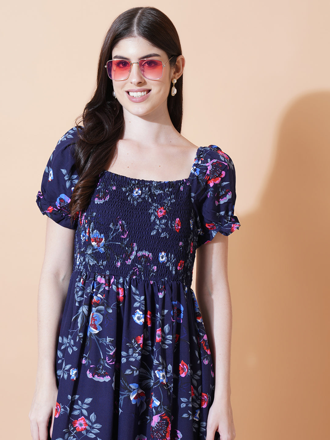 Women Navy Blue & Pink Floral Print Smocked Maxi Dress