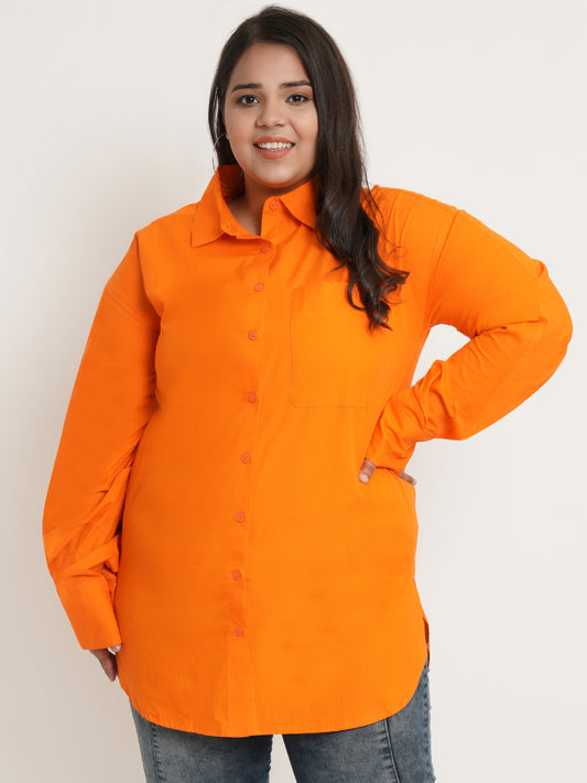 Women Orange Full Sleeves Collar Style Plus Size Top