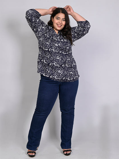 Women Plus Size Navy Blue & White Printed Pintuck Mandarin Collar Longline Top