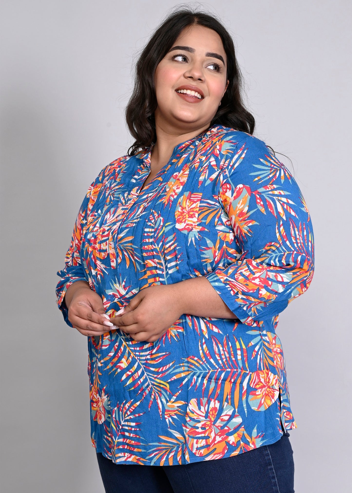 Women Plus Size Blue & Orange Printed Pintuck Mandarin Collar Longline Top