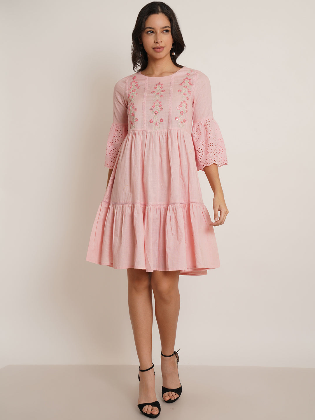 Women Pink Embroidered Floral Schiffli Fit & Flare Dress