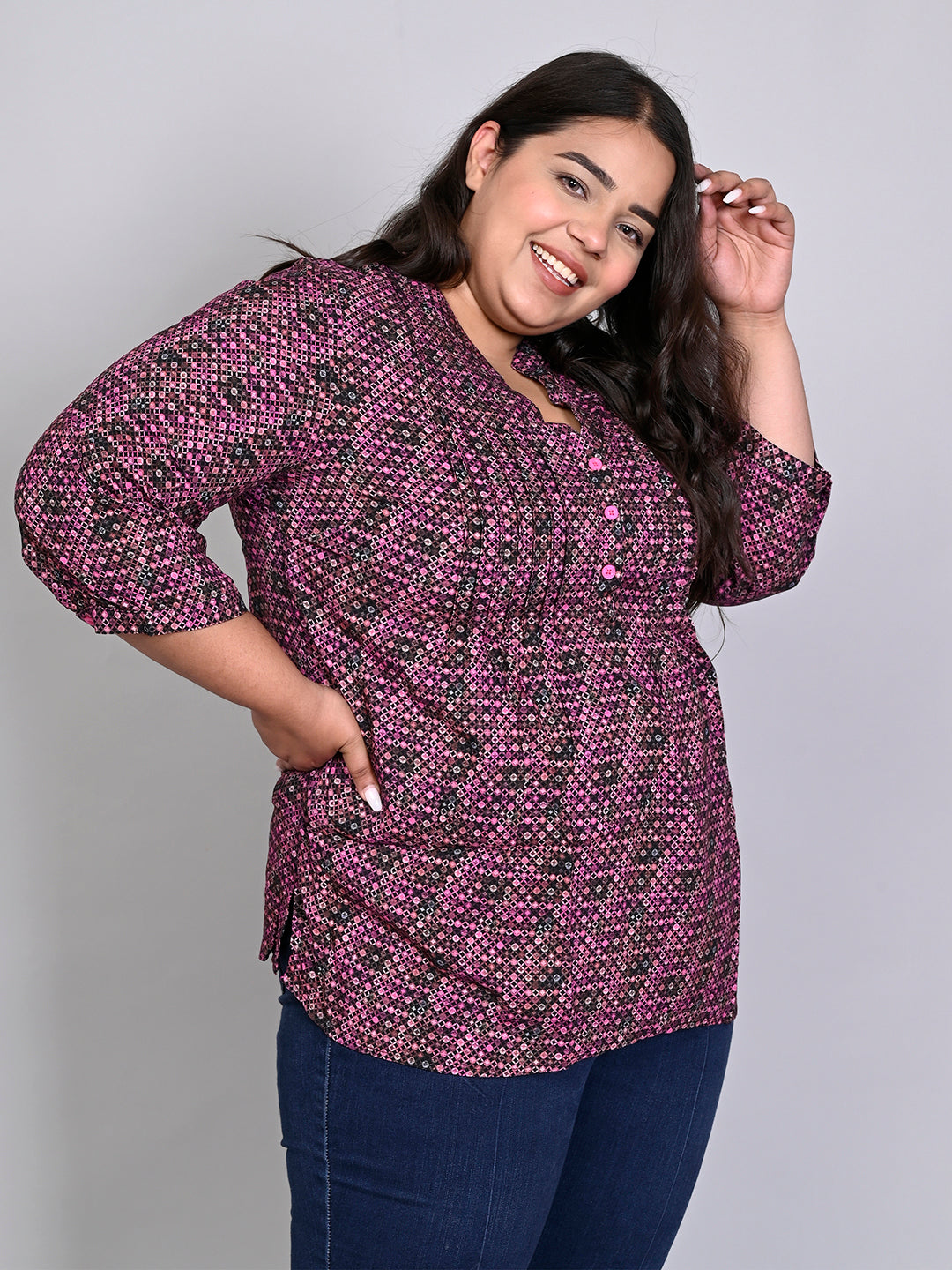 Women Plus Size Pink & Black Printed Pintuck Mandarin Collar Longline Top