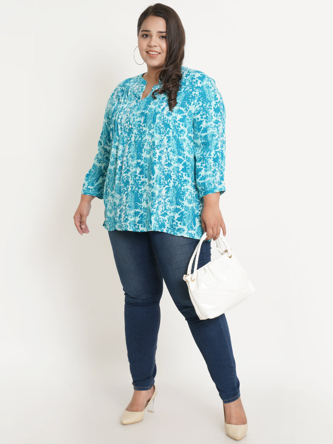 Women Turquoise Blue & White Abstract Printed Mandarin Collar Plus Size Top