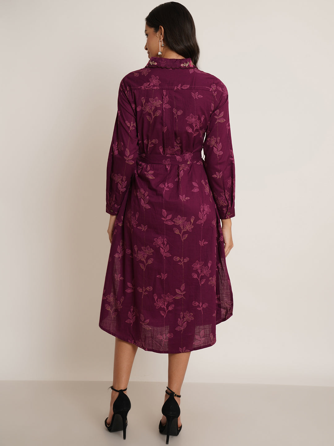 Women Magenta Floral Print Collared Shirt Style Midi Dress