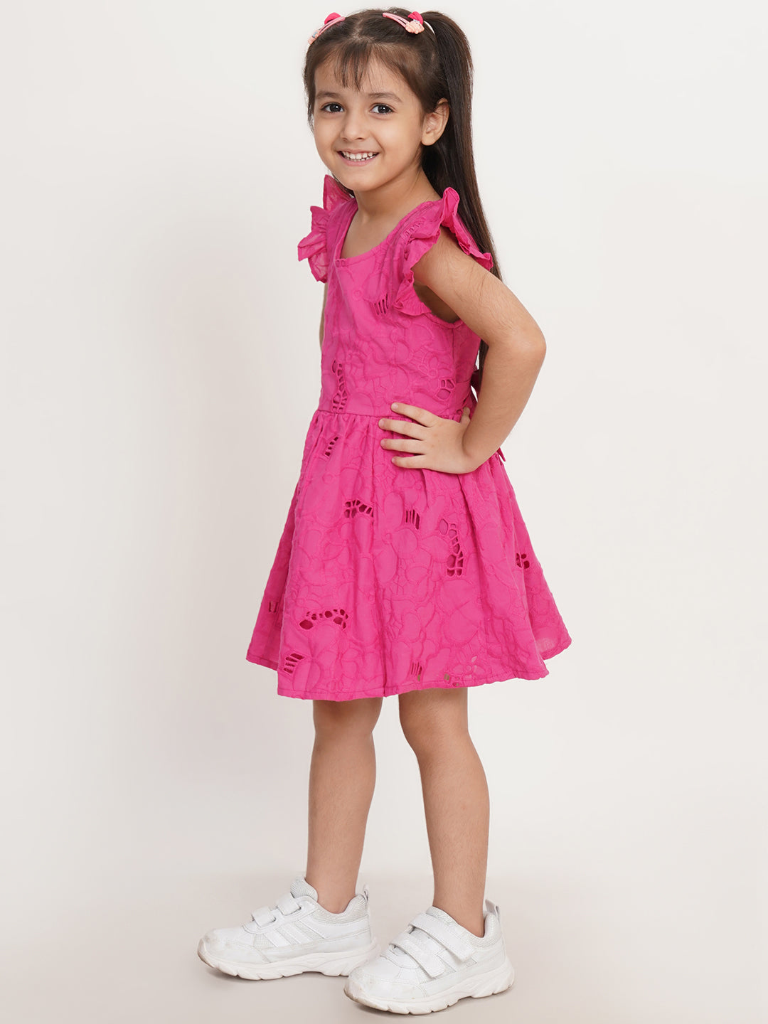 CREATIVE KID'S Girl Pink Cotton Schiffli Fit & Flare Dress