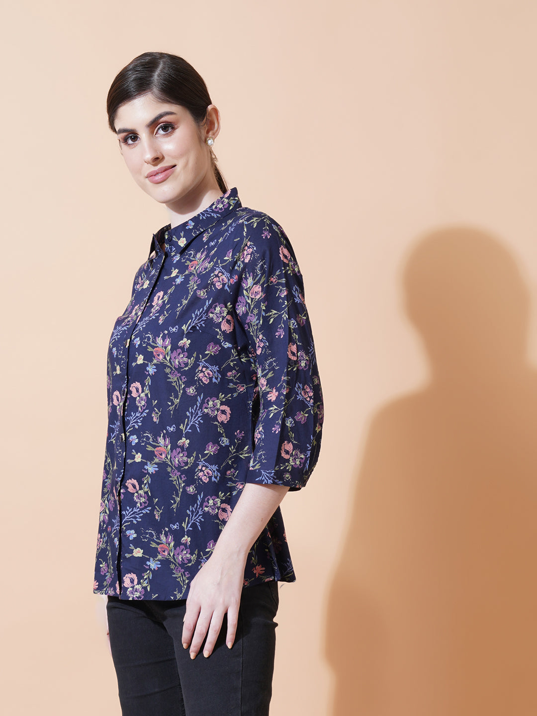 Women Navy Blue & Pink Floral Print Collared Shirt Style Top
