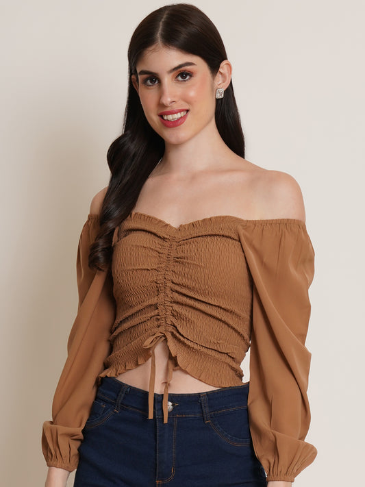 Women Brown Solid Drawstring Front Ditsy Smocked Crop Top