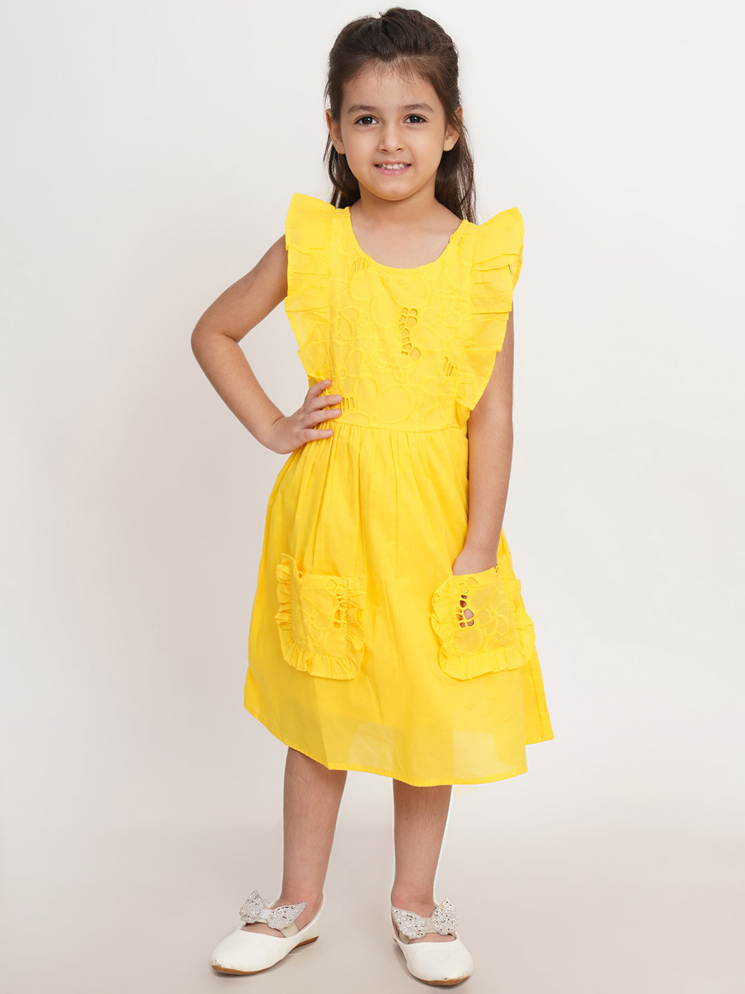 CREATIVE KID'S Girl Yellow Schiffli A-Line Dress With Pocket