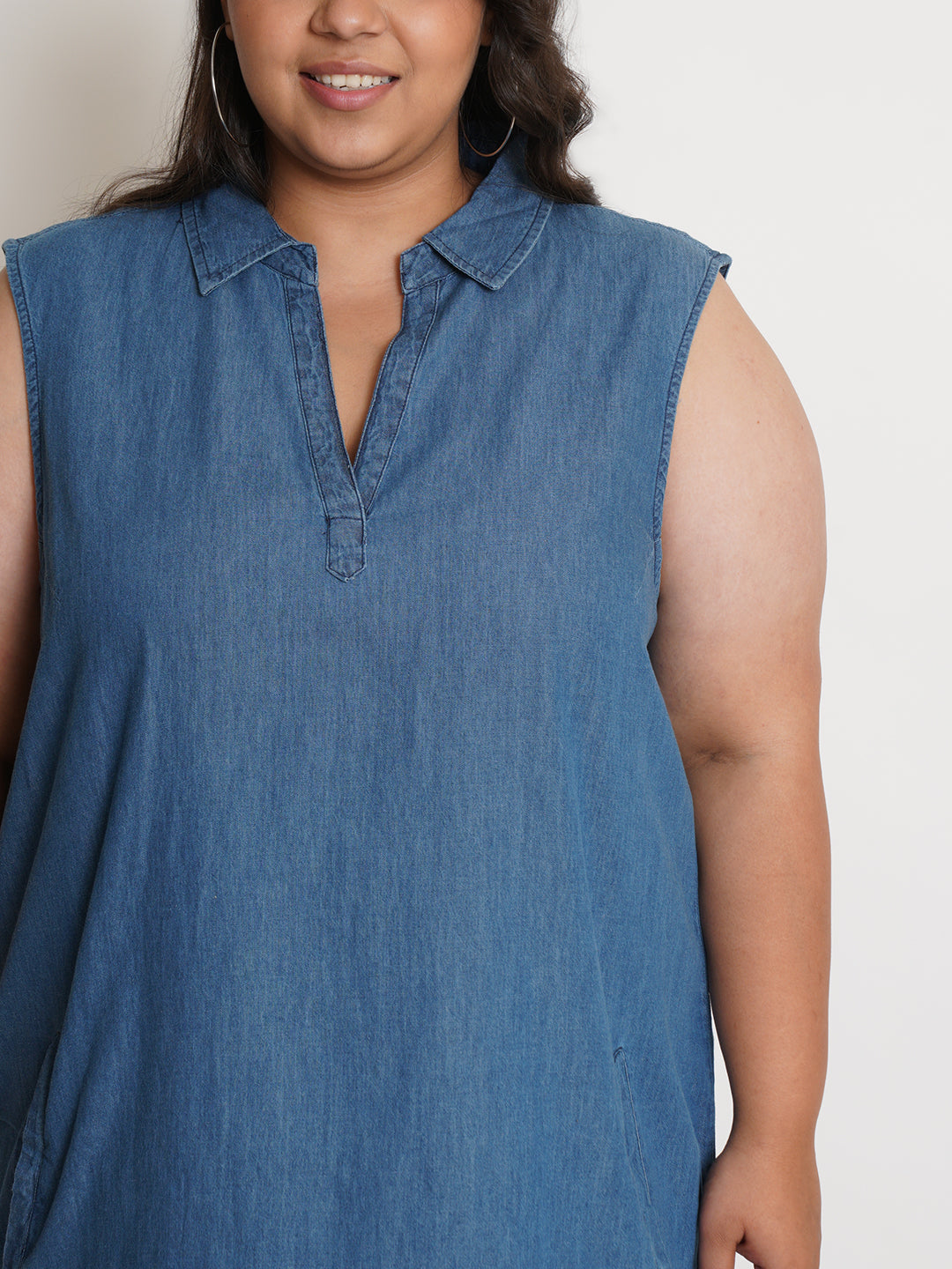 Women Blue Collared Denim Plus Size Shirt Dress