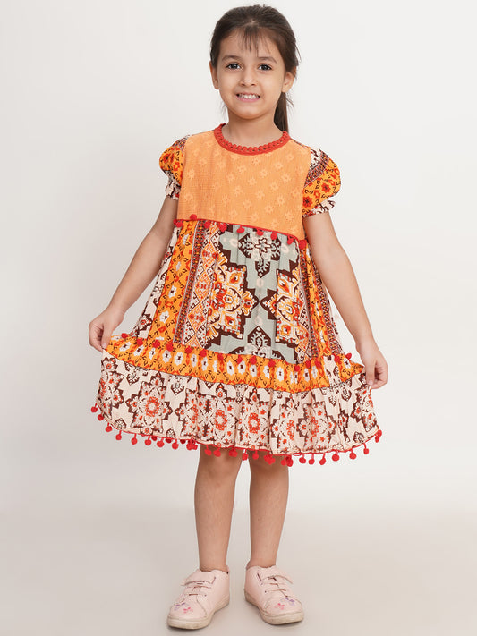 CREATIVE KID'S Girl Yellow & Red Schiffli Pom Pom A-Line Dress