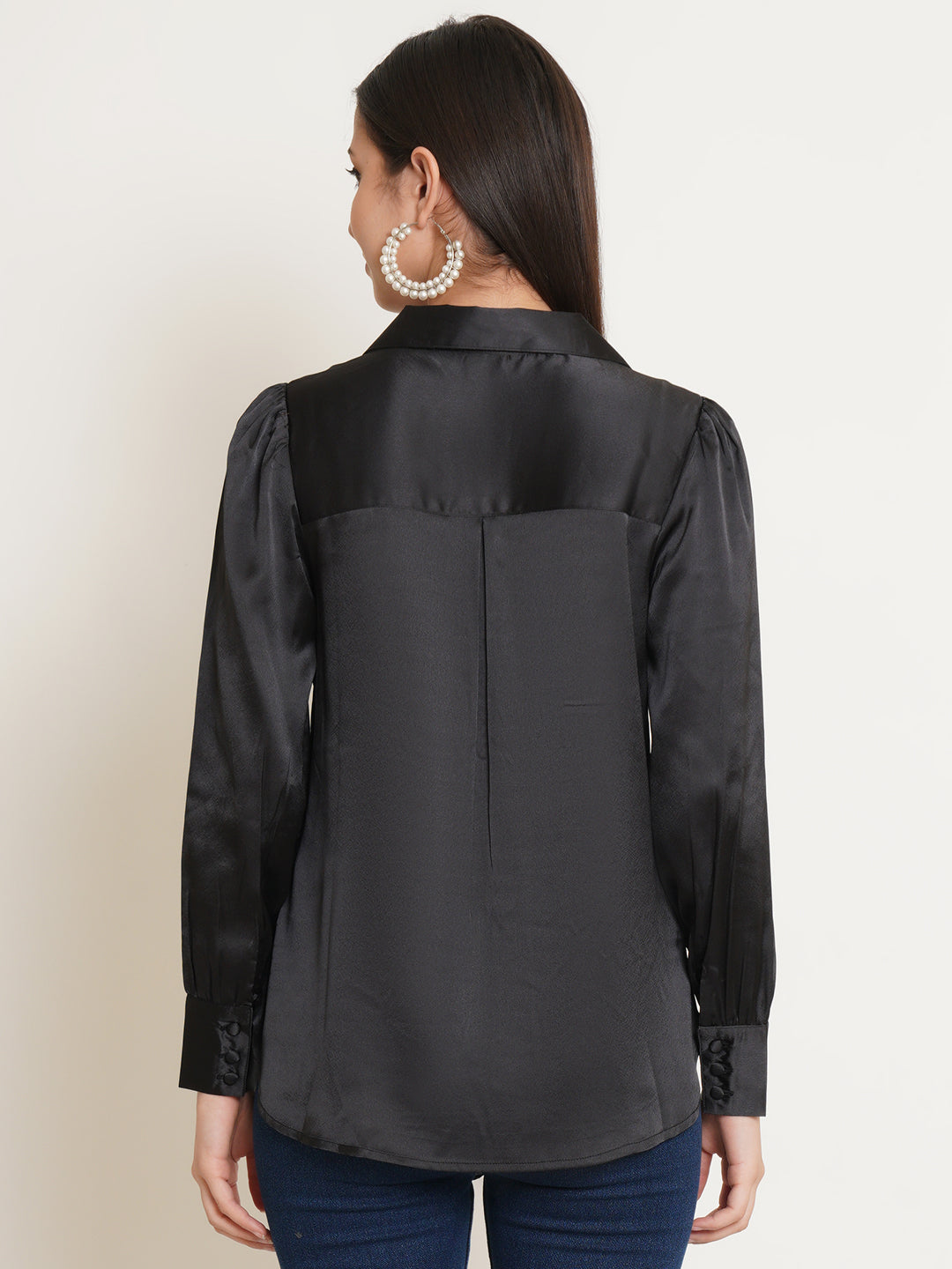 Women Black Solid Satin Full Sleeves Shirt Collared Tops