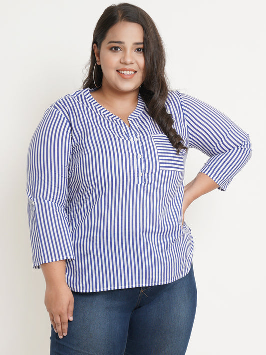 Women Blue & White Stripe Mandarin Collar Plus Size Top