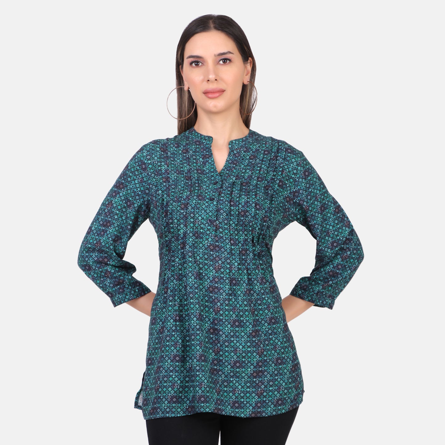 Women Green & Navy Geometric Print Mandarin Collar Pintuck Tunic