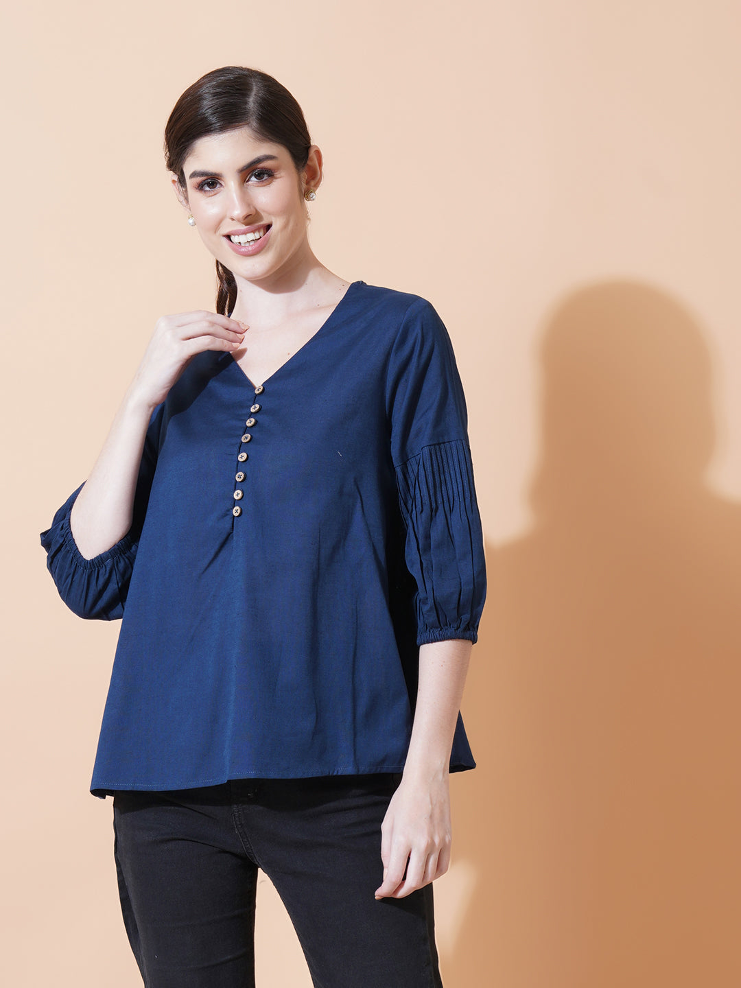 Women Navy Blue Solid Cotton Flex Top