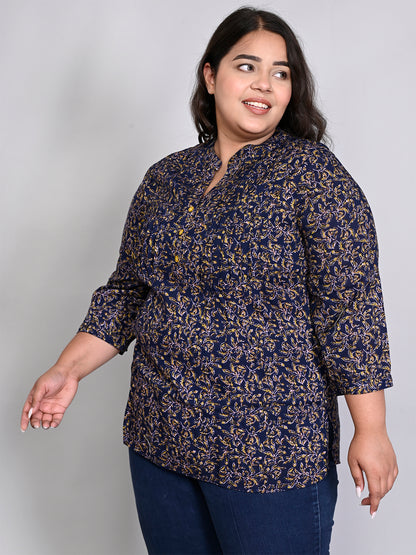 Women Plus Size Navy Blue & Green Printed Pintuck Mandarin Collar Longline Top