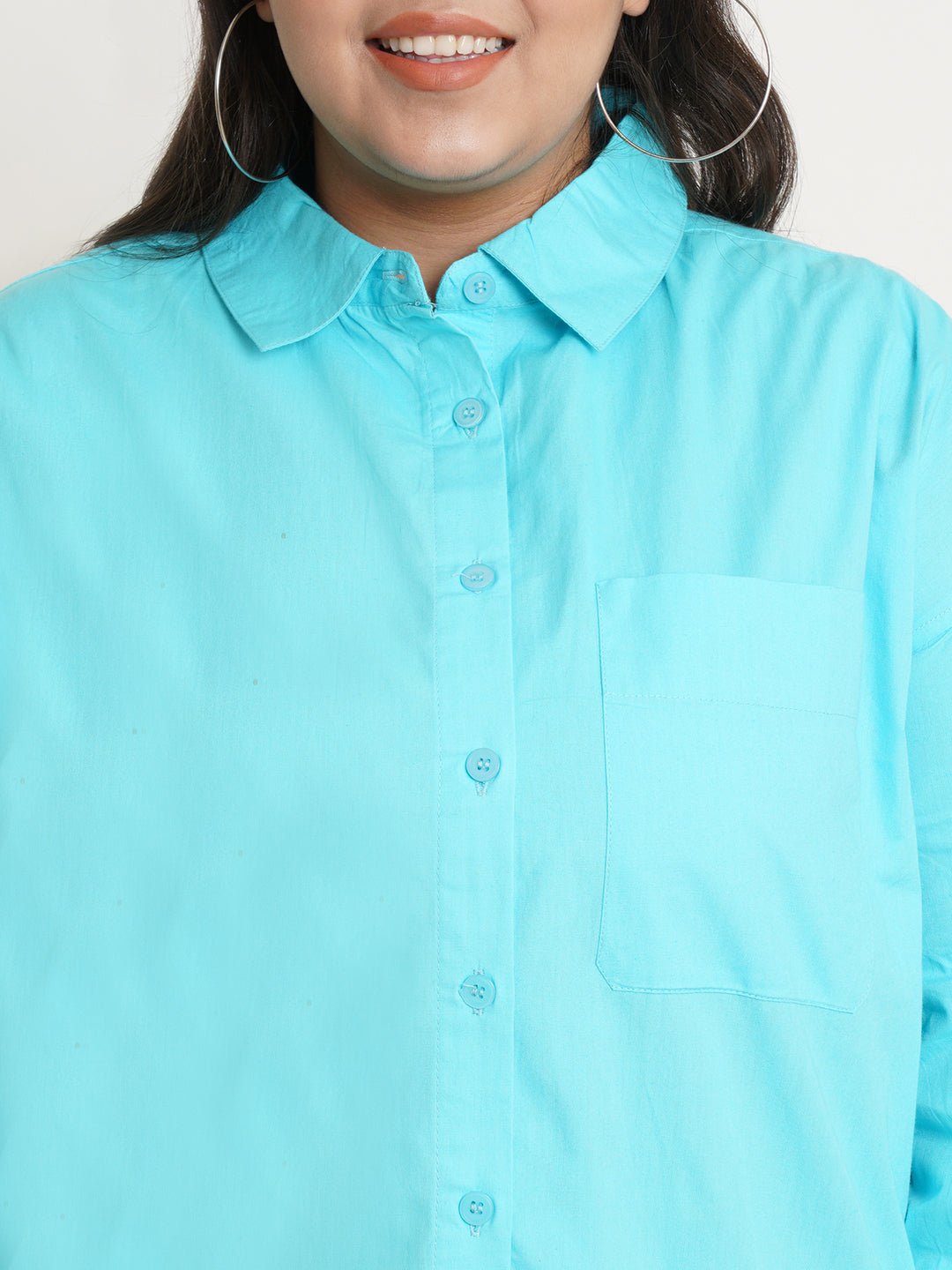 Women Turquoise Blue Full Sleeves Collar Style Plus Size Top