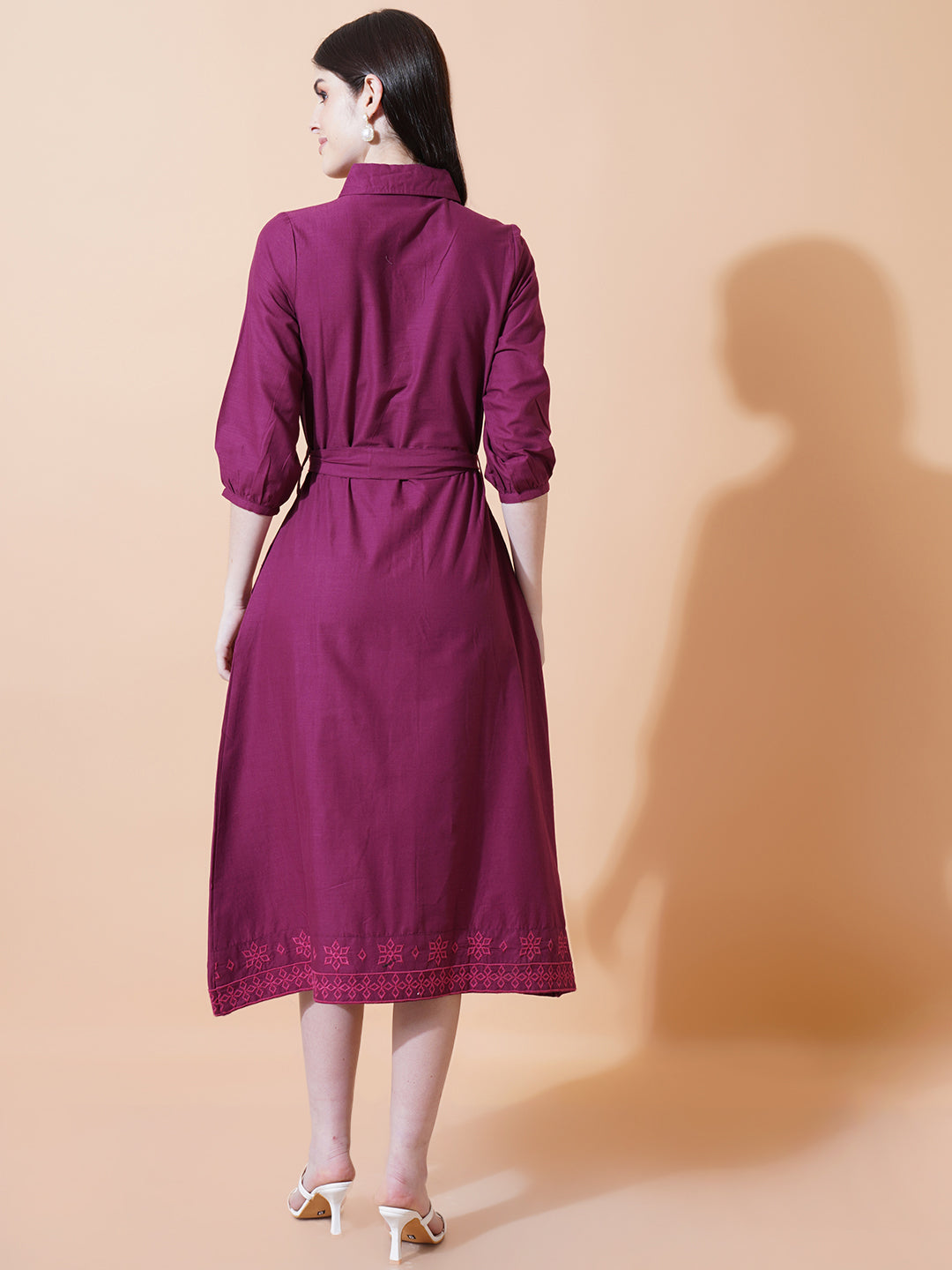 Women Magenta Denim Embroidered Shirt Collar Drawstring Midi Dress