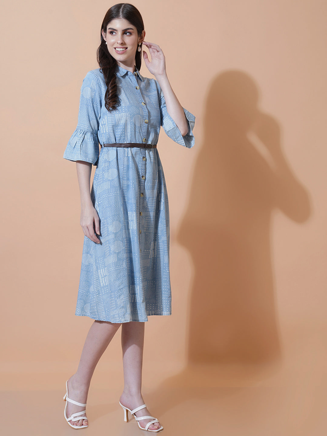 Women Blue & White Printed Shirt Collar Midi Dress