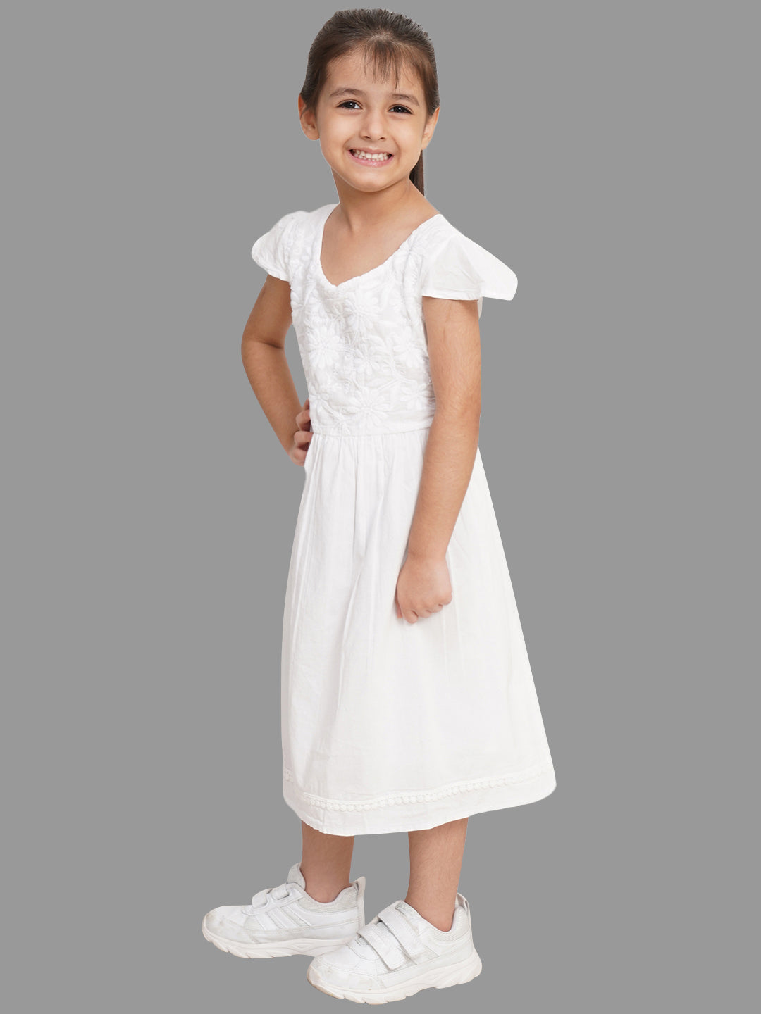 CREATIVE KID'S White Embroidered Cotton A-Line Dress for Girl