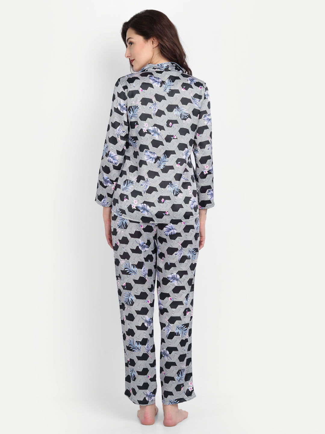 Women Satin Black & White Pyjama & Shirt Nightsuit Set