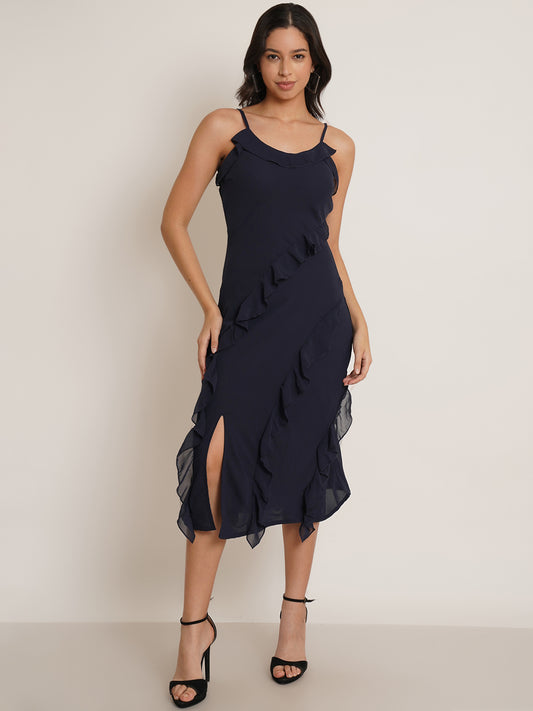 Women Navy Blue Solid Frill Midi Dress