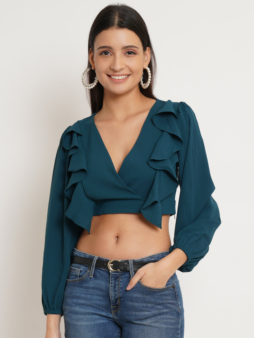 Women Teal Solid Ruffled Bardot Top