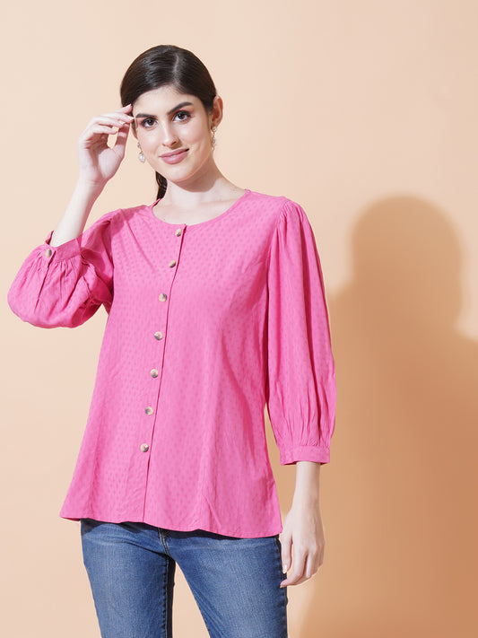 Women Magenta Dobby Print Mandarin Collar Top