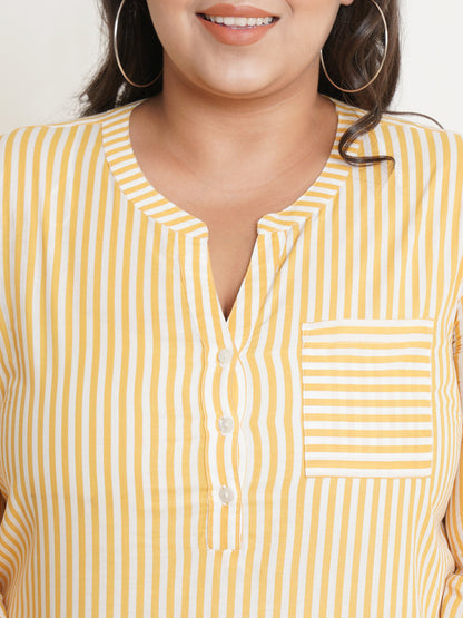 Women Yellow & White Stripe Mandarin Collar Plus Size Top