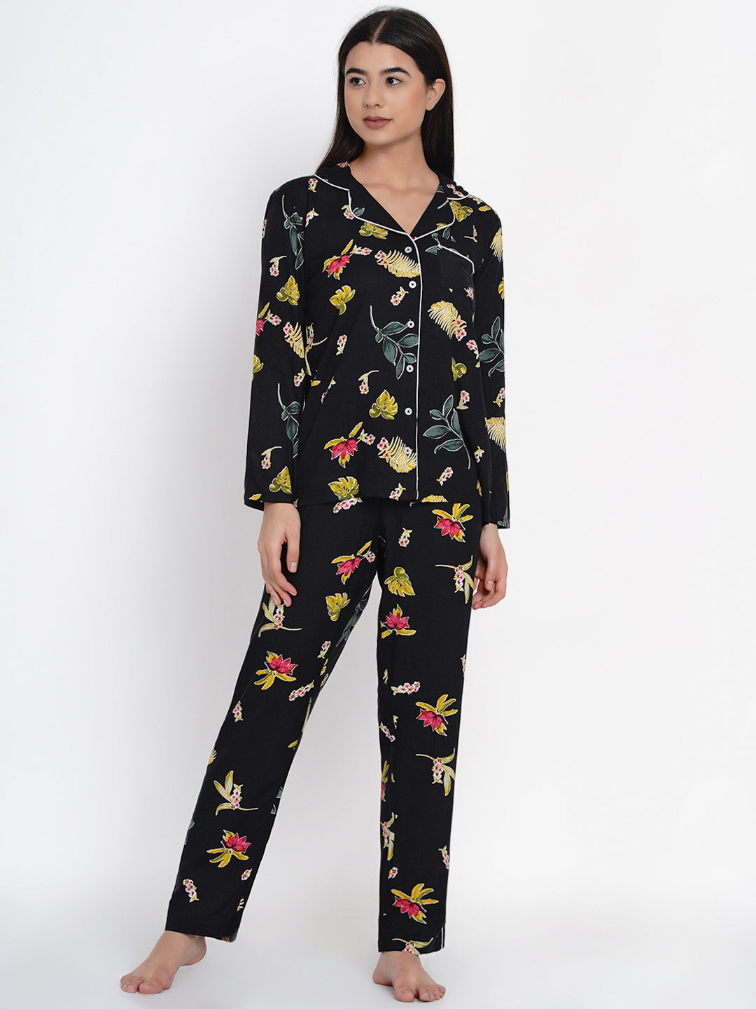 Women Black Floral Print Rayon Pyjama & Shirt Nightsuit Set