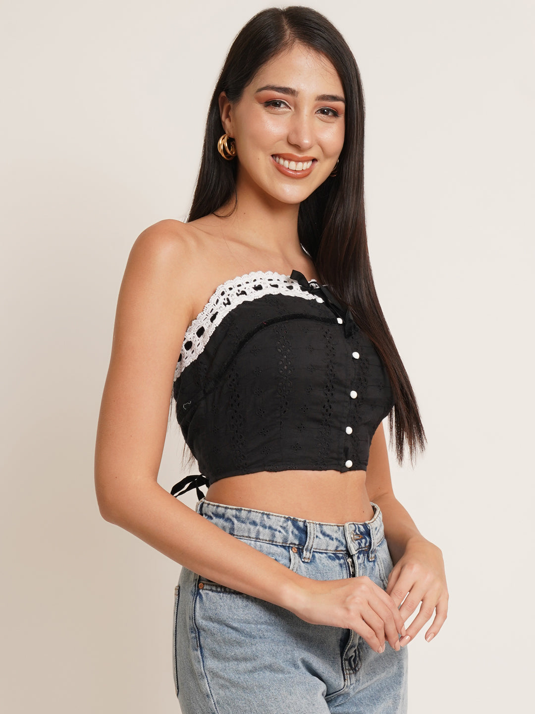 Women Black Schiffli Off-Shoulder Cotton Crop Top