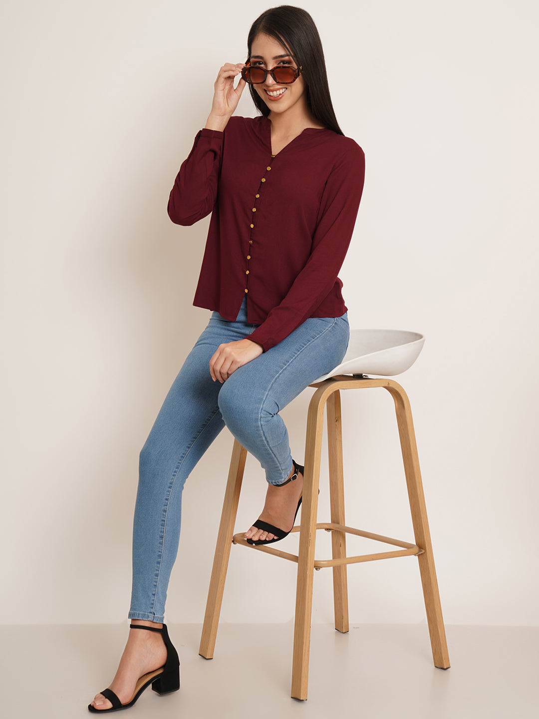 Women Maroon Solid Mandarin Collar Top