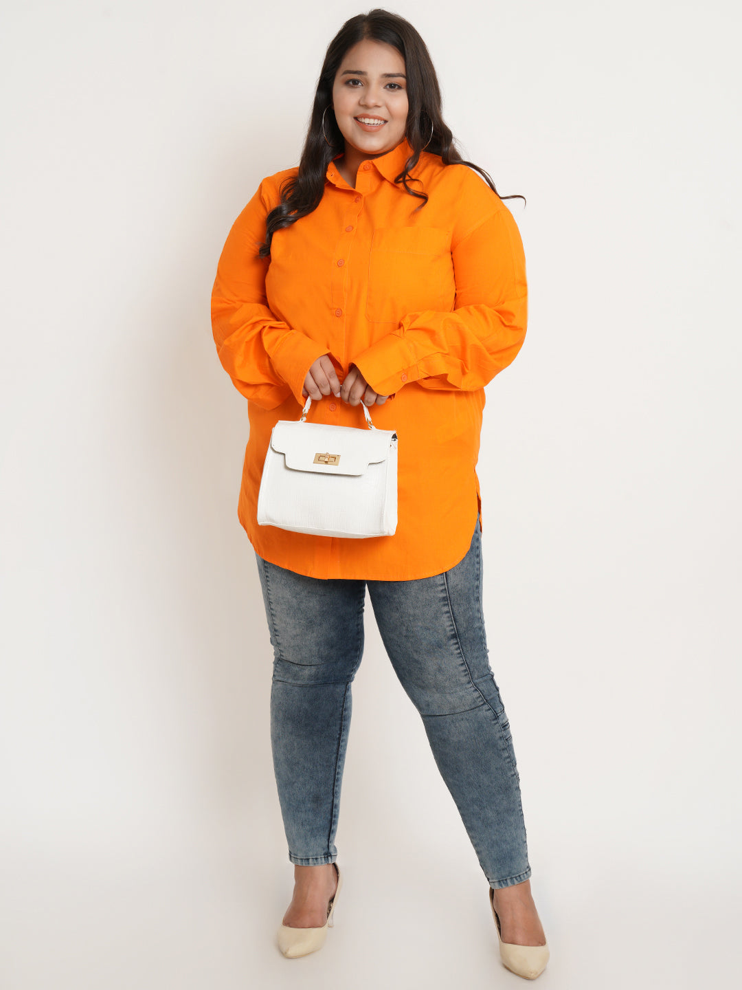 Women Orange Full Sleeves Collar Style Plus Size Top