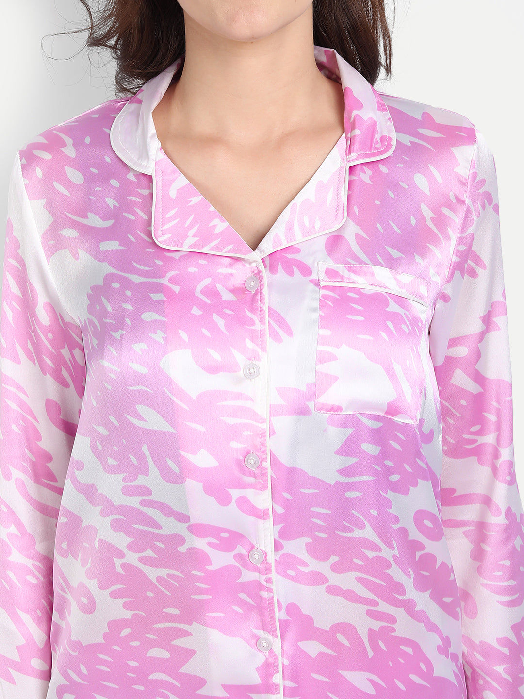Women Pink & White Satin Pyjama & Shirt Nightsuit Set