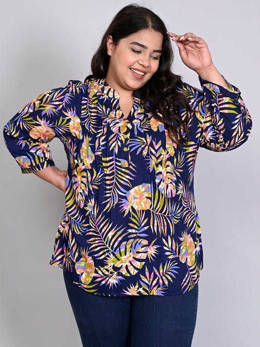 Women Plus Size Navy Blue & Green Printed Pintuck Mandarin Collar Longline Top