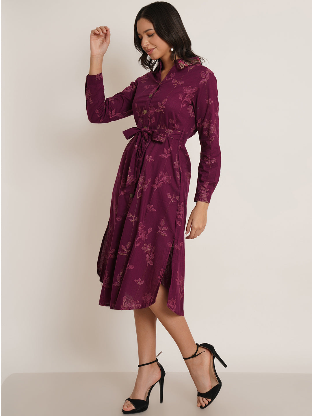 Women Magenta Floral Print Collared Shirt Style Midi Dress