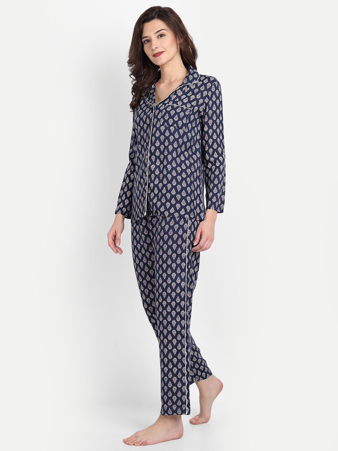 Women Navy Paisley Print Rayon Pyjama & Shirt Nightsuit Set