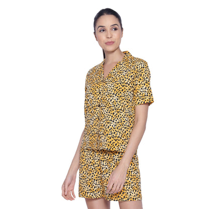 Women's Black & Yellow Printed Polyester Shorts & Shirt Nightsuit Set