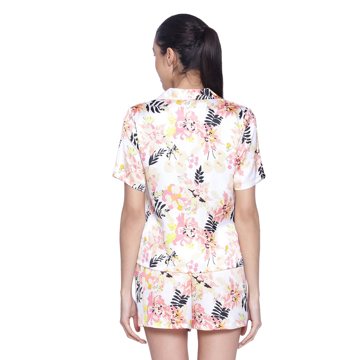 Women's Yellow & Pink Leaf Print Satin Shorts & Shirt Nightsuit Set