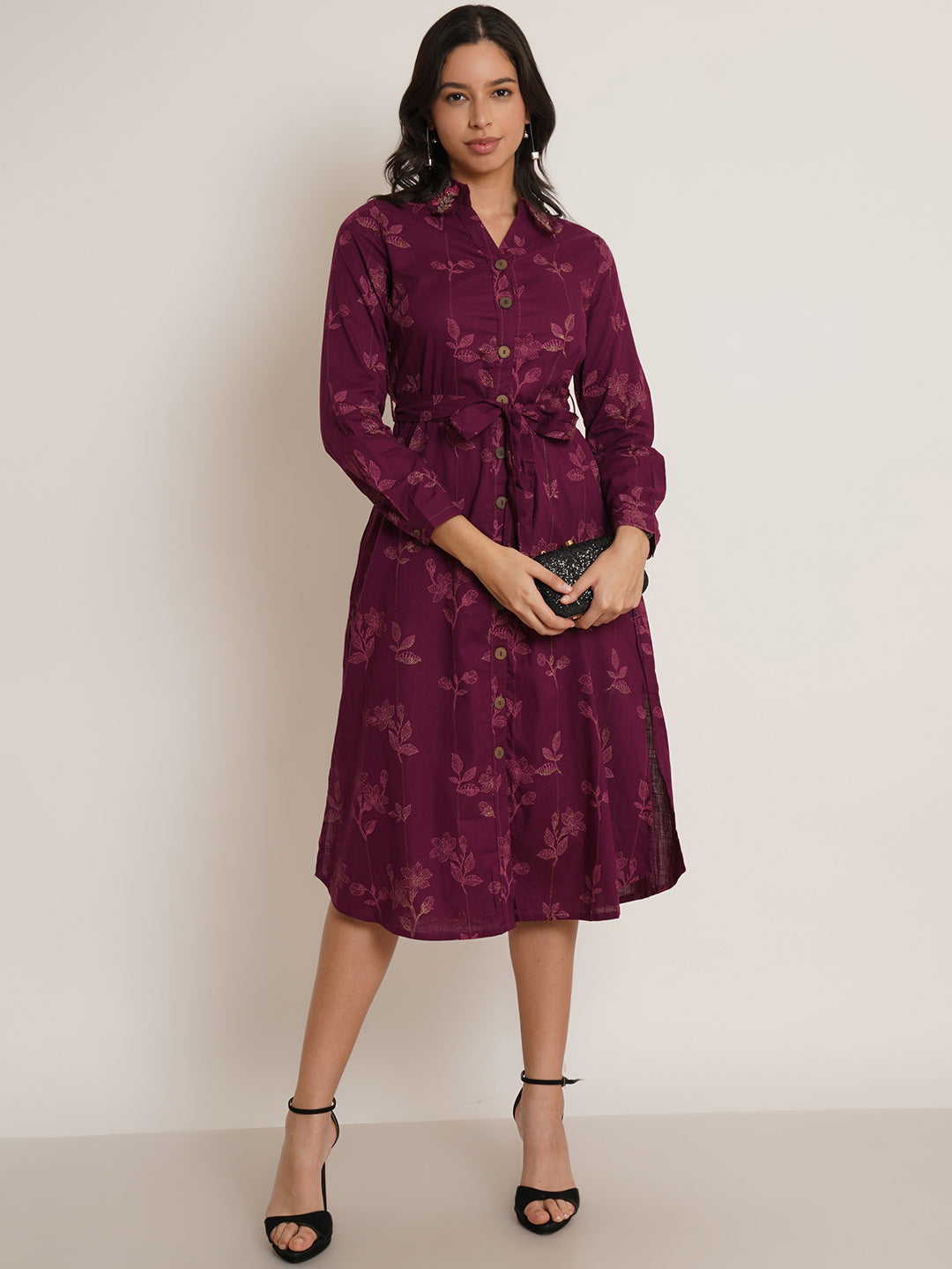 Women Magenta Floral Print Collared Shirt Style Midi Dress