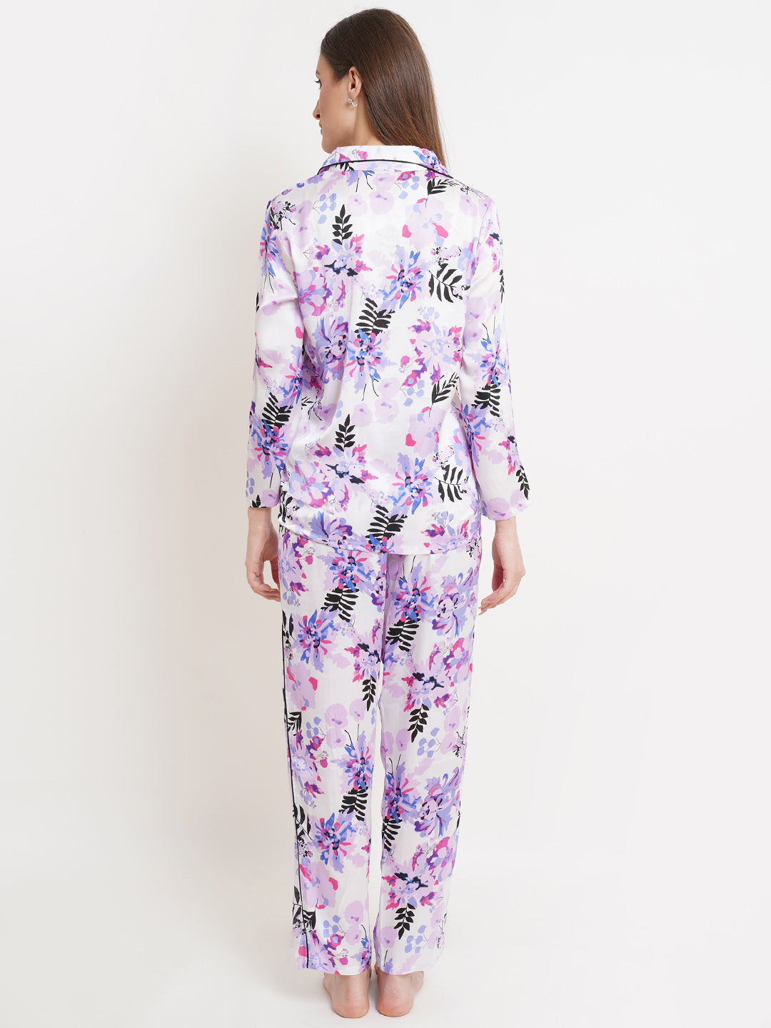 Women Purple & White Satin Leaf Print Pyjama & Shirt Nightsuit Set