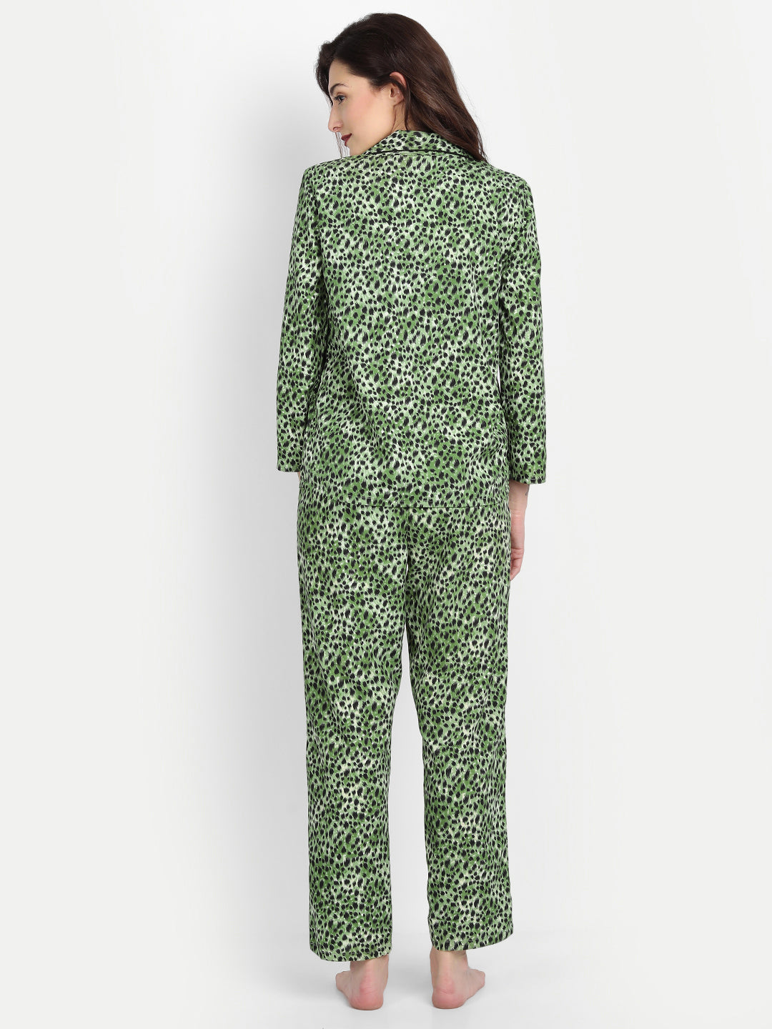 Women Black & Green Animal Print Polyester Pyjama & Shirt Nightsuit Set