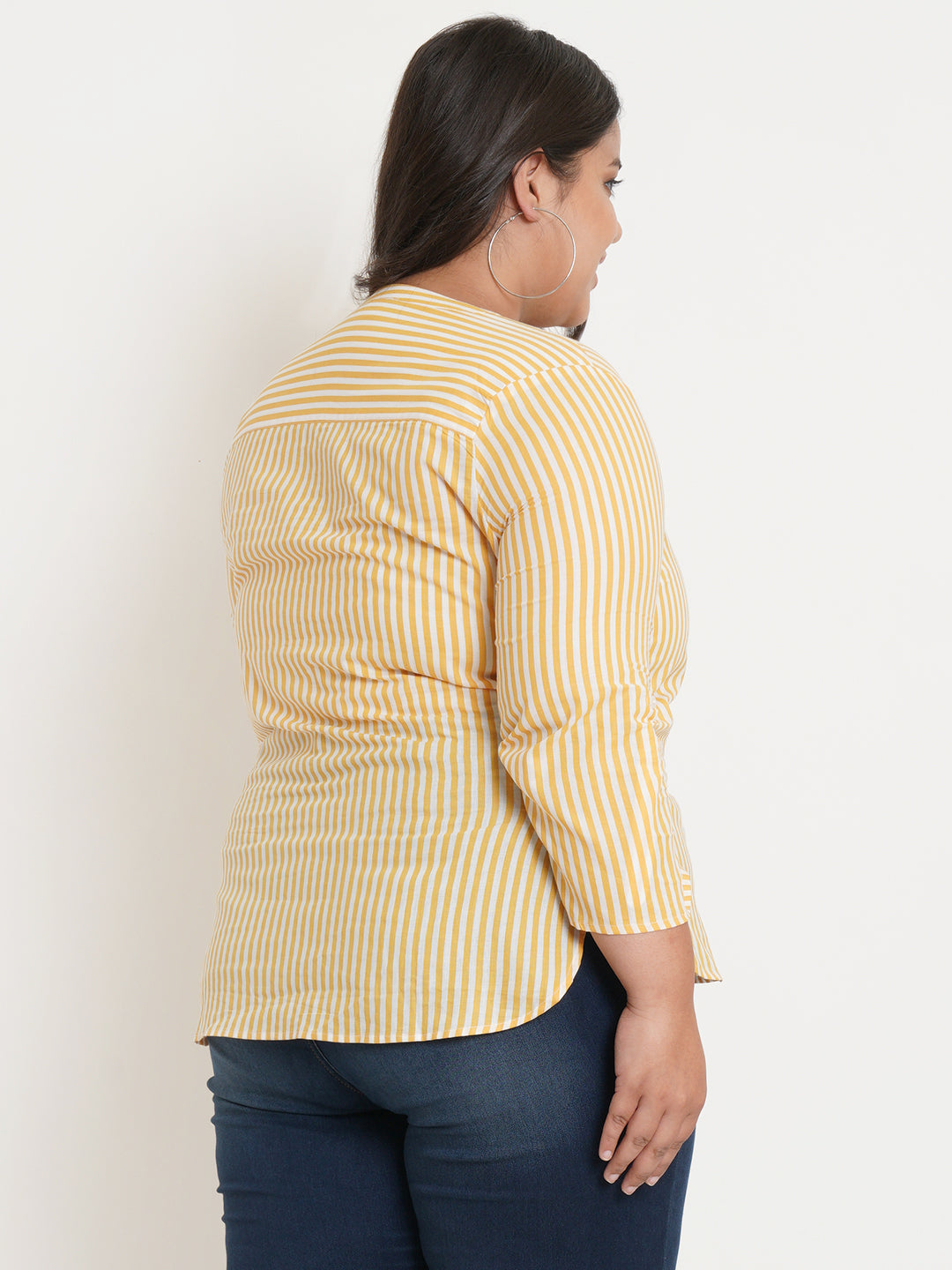 Women Yellow & White Stripe Mandarin Collar Plus Size Top