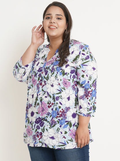 Women Floral Print Mandarin Collar Plus Size Top - Side Angle
